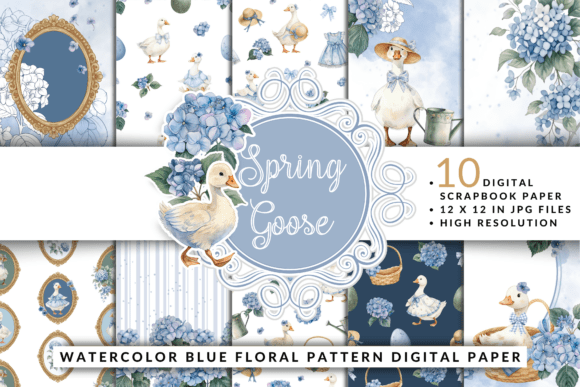 Download Spring Goose Blue Floral Digital Paper - Floral Collection