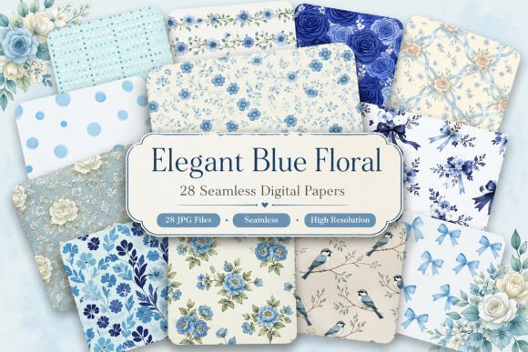 Download Elegant Blue Floral Digital Patterns - Floral Collection